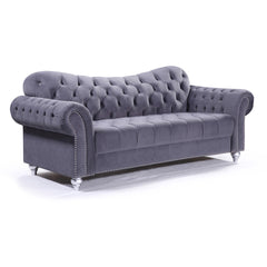 "Grey velvet Chesterfield 3-seater sofa with tufted design and rolled arms, perfect for elegant living rooms and modern home decor."