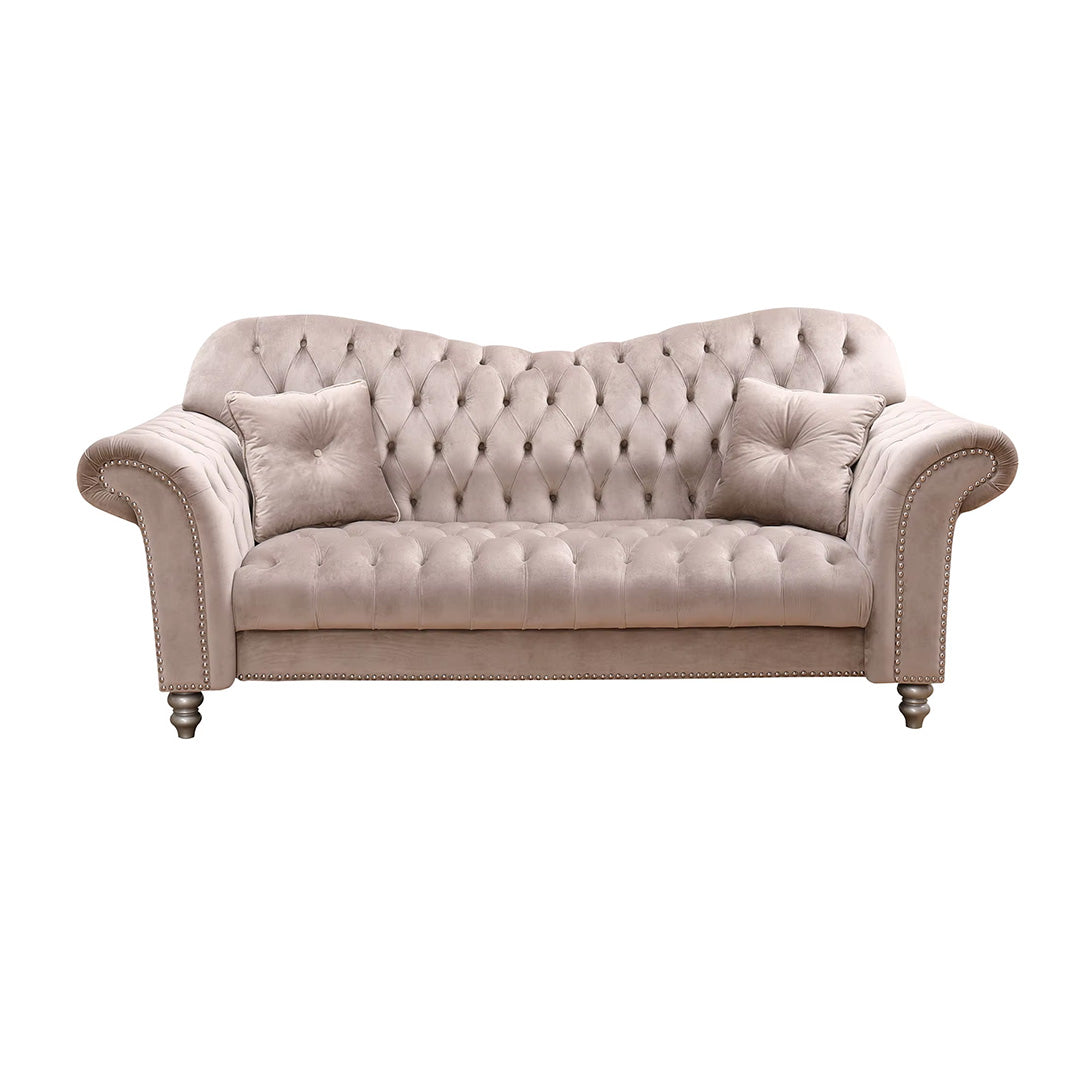"Modern beige chesterfield sofa set with decorative turned wooden legs and soft velvet upholstery"