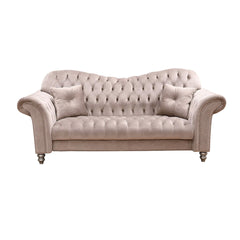 "Modern beige chesterfield sofa set with decorative turned wooden legs and soft velvet upholstery"