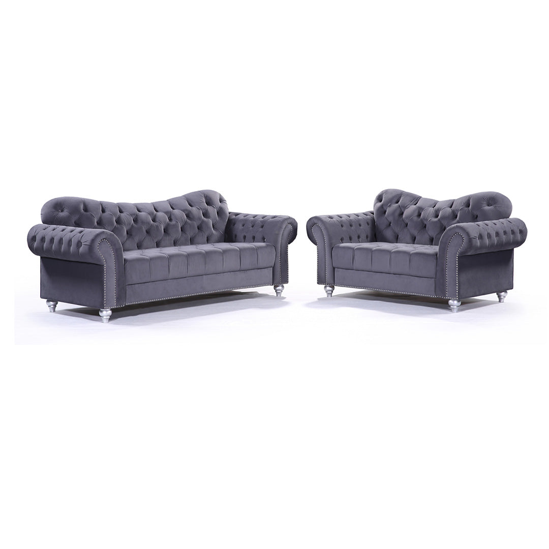 "Tufted button fabric sofa for small living rooms in stylish dark grey finish"