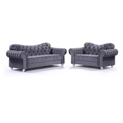 "Tufted button fabric sofa for small living rooms in stylish dark grey finish"