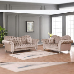 "Luxurious  Torino 3+2 seater beige velvet sofa set featuring plush cushions and nailhead trim"