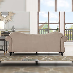 "Beige Chesterfield sofa set placed in an elegant living room setting, ideal for cozy gatherings and timeless home decor."

