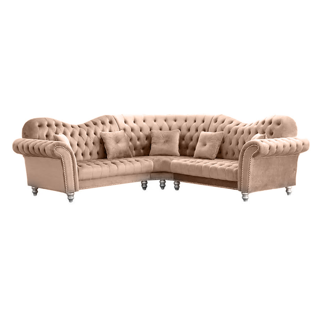 "Luxurious l-shaped chesterfield sofa in beige velvet upholstery"