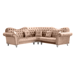 "Luxurious l-shaped chesterfield sofa in beige velvet upholstery"
