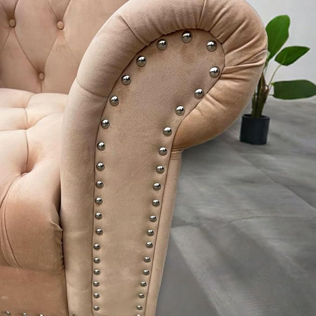 "Torino beige velvet corner sofa with rolled arms and plush cushions"
