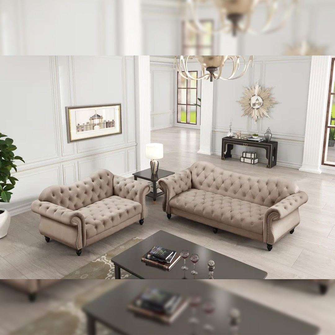 "Beige Chesterfield 3+2 sofa set styled in a bright living room, blending vintage design with modern home decor."