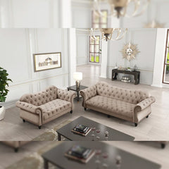 "Beige Chesterfield 3+2 sofa set styled in a bright living room, blending vintage design with modern home decor."